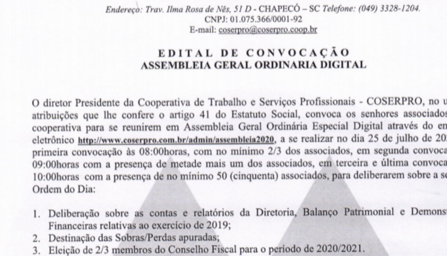 COSERPRO - EDITAL DA AGO 2020